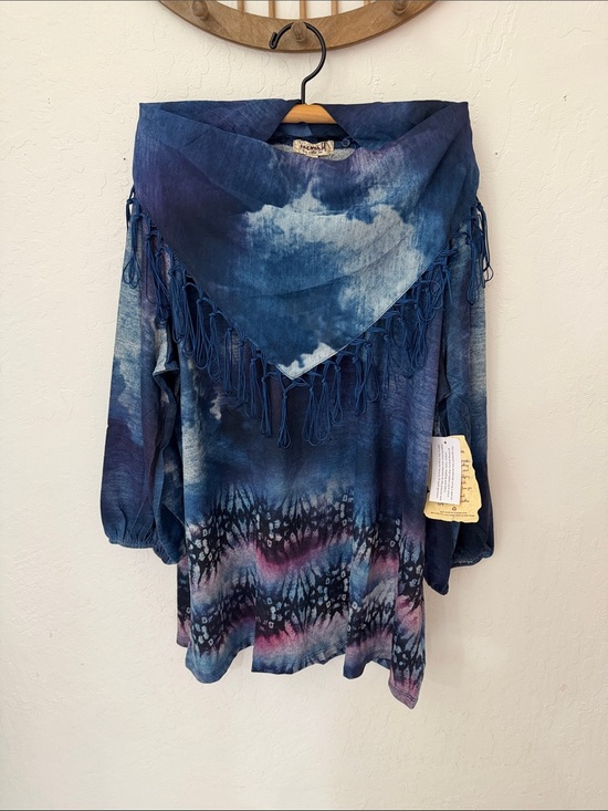 ONE WORLD Sweaters - One World Blue Washed 3/4 Long Sleeve Light Knit Sweater With Scarf 1X